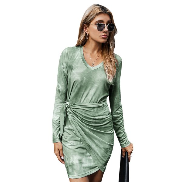 

autumn tie-dye bodycon dress for women long sleeve mini street wear female fashion bandage v-neck, Black;gray
