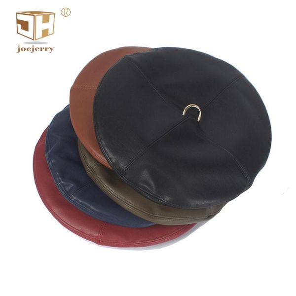 

berets joejerry pu leather beret french hat with ring female painters, Blue;gray