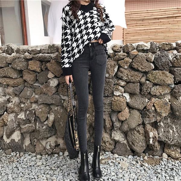 

real s2020 new fashion retro slim slim high waist jeans stretch feet pencil pants women1, Blue