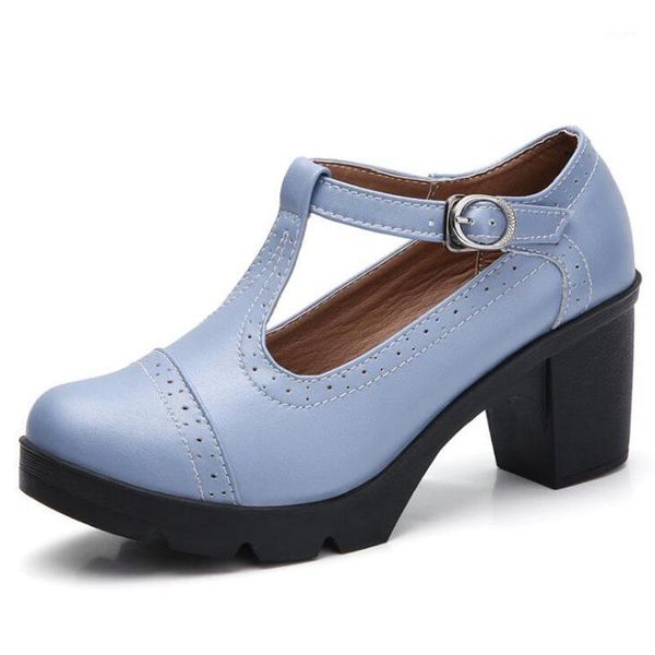

black square high heels women platform pumps genuine leather shallow mouth buckle strap round toe office shoes for women qy8771