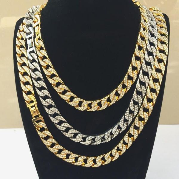 

chains 14mm men's miami curb cuban chain gold necklace hip hop bling iced out paved rhinestones cz rapper male jewelry, Silver
