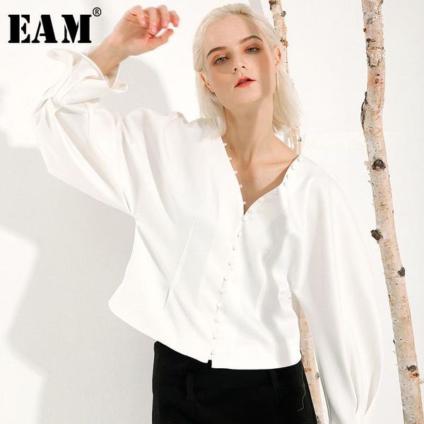 

eam] women white brief temperament blouse new v-collar long lantern sleeve loose fit shirt fashion tide spring autumn 2020 s0331