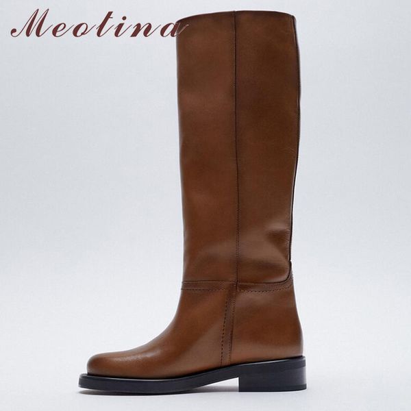 

meotina ins women genuine leather riding boots med heel round toe shoes thick heel knee high boots lady autumn winter 42 brown, Black
