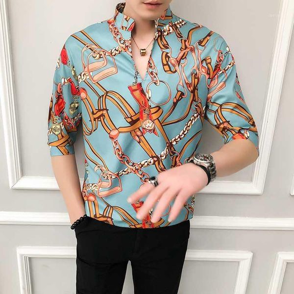 

fashion national style men print half sleeve male shirt 2020 summer new street loose casual stand men shirts, White;black