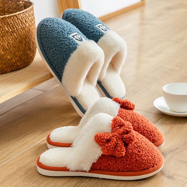 

slippers women winter lovely bow home lovers men home non-slip warm indoor wooden floor cotton slippers warm slippers x1020, Black