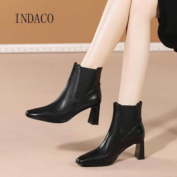 

boots women leather thick heel square toe black ankle for party shoes autumn high heels female