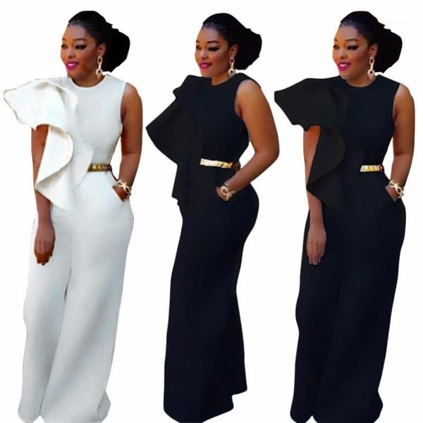 

elegant big ruffles wide leg jumpsuits women sleeveless with pockets back zipper long jumpsuit plus size enteritos mujer 3xl1, Black;white