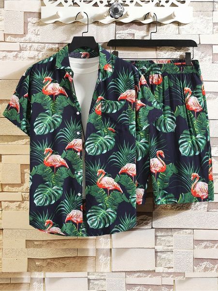

men random tropical and flamingo print shirt & shorts without tee i9ia#, Gray