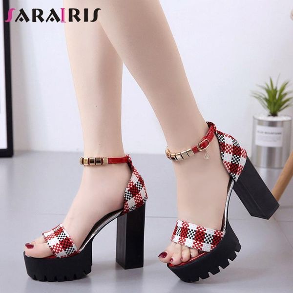 

sarairis open toe platform plaid ankle strap block heel sandals women fashion sandals ladies classic summer shoes1, Black