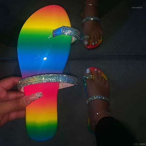 

rhinestone shoes woman crystal slippers comfortable soft flat slides rainbow stripes beach sandals1, Black