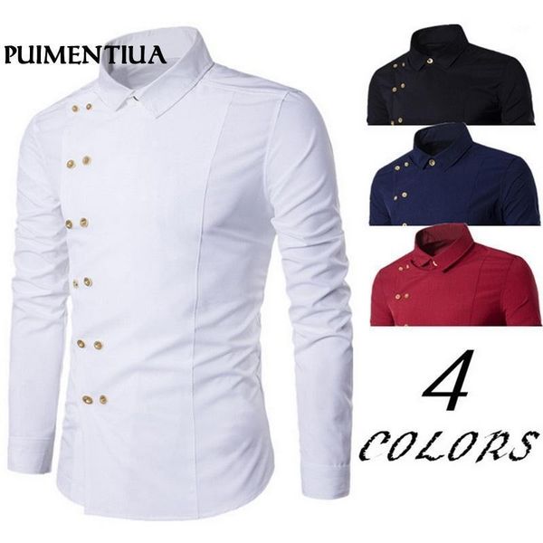

puimentiua plus size 2020 men double breasted slim fit long sleeve turn down collar shirt male solid casual vintage court style1, White;black