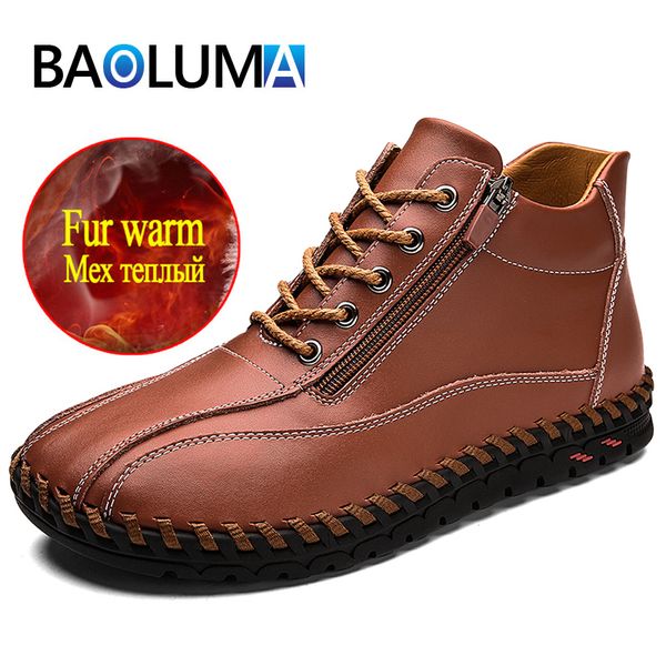 

brand men's boots plush warm men's snow boots winter shoes british style leather zipper design platform, Black