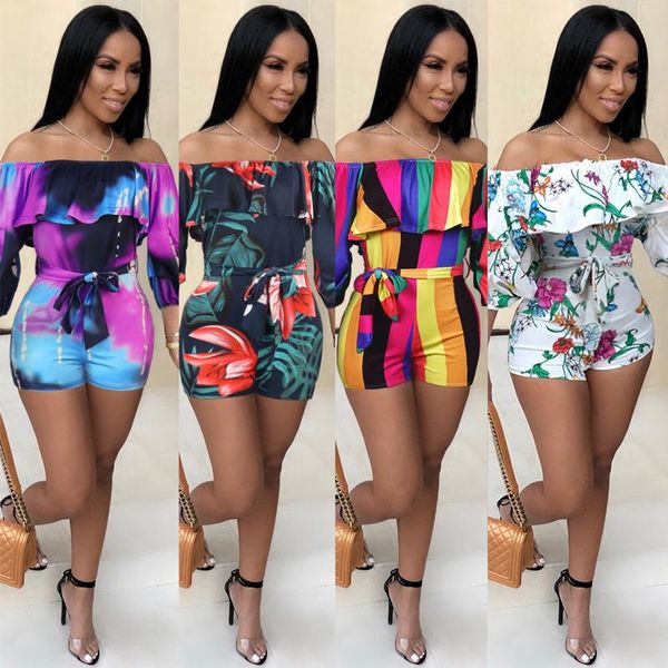 

new women jumpsuits 2020 summer printing ruffles package hip playsuits club sashes party beach bodysuit overalls for ladies, Black;white