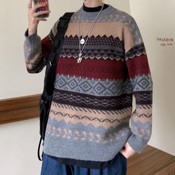 

2021 new new autumn wear lazy wind grid contrast wild pullover sweater couples men's clothes gray 3ik9, White;black