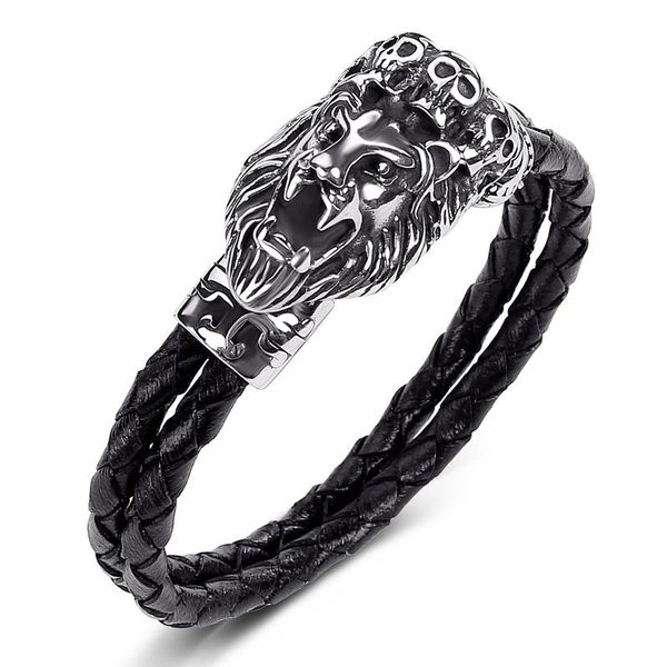 

мужская мода ювелирные изделия черный двухслойный кожаный браслет из нержавеющей стали панк корона лев шарм преувеличение браслет ps1042 jll, Golden;silver