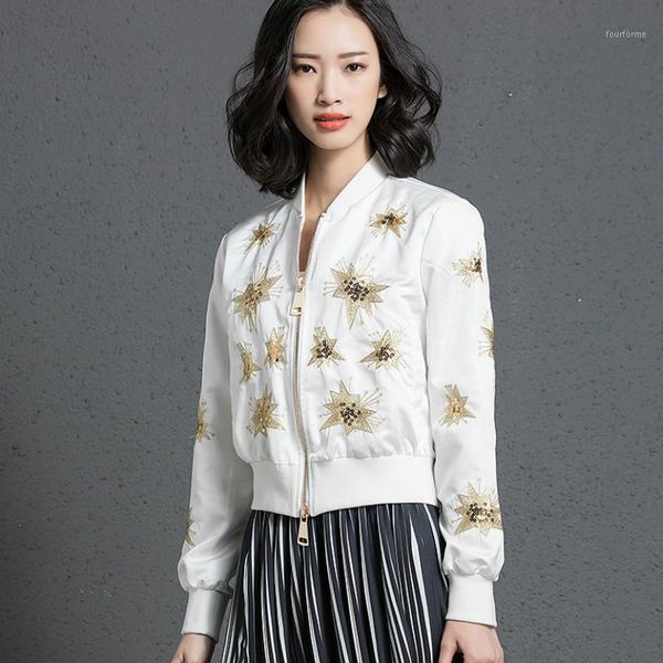 

stars embroideried beading bomber jacket high waist baseball coat sequins flowers pilot outwear zipper cardigan long sleeve 1, Black;brown