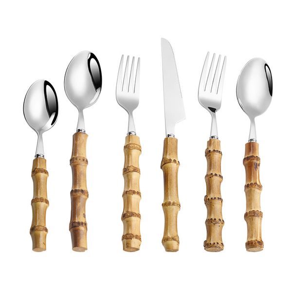 Besteck-Set mit Bambusgriff, silberfarben, goldene Gabel, Löffel, Messer, Besteck-Sets, Besteck-Set aus Edelstahl