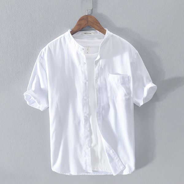 

rc207 - oxford spinning short sleeve simple stand collar cotton shirt men's fashion, White;black