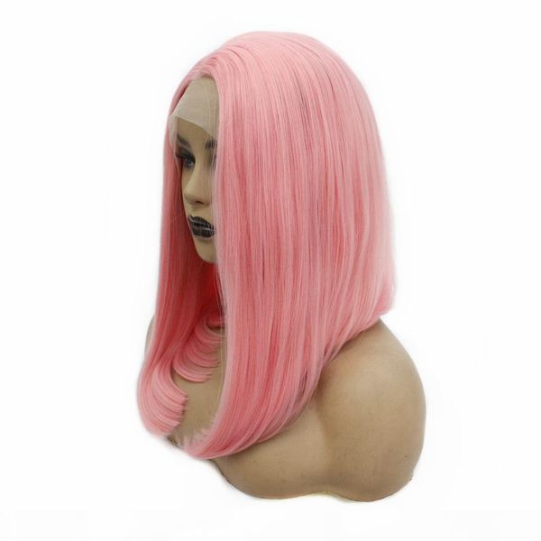 

естественная прямая розовый короткий парик фронта шнурка жаропрочных волокна волос короткие боб синтетические парики для женщин средняя част, Black