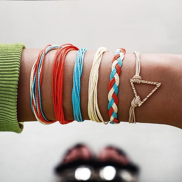 

gold color bohemian handmade 6 layers weave triangle bracelet sets women 2020 new rope chain bracelets retro jewelry accessories, Black