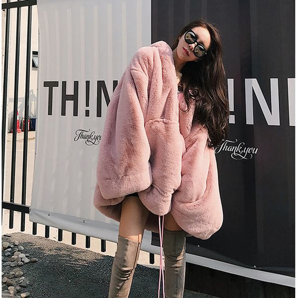 

2019 winter women faux fur thick warm long hoodies female fashion style hooded pink sweatshirt