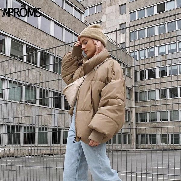 

aproms women solid color oversized thick parkas 2020 winter fashion zipper pockets female warm coat outerwear black overcoats1