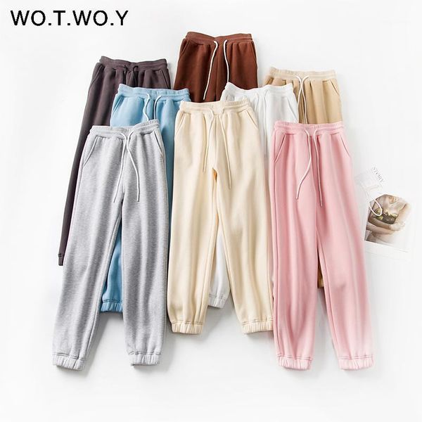 

wotwoy winter high waist fleece pencil pants women solid drawstring thick trousers women casual cotton stacked sweatpants femme1, Black;white