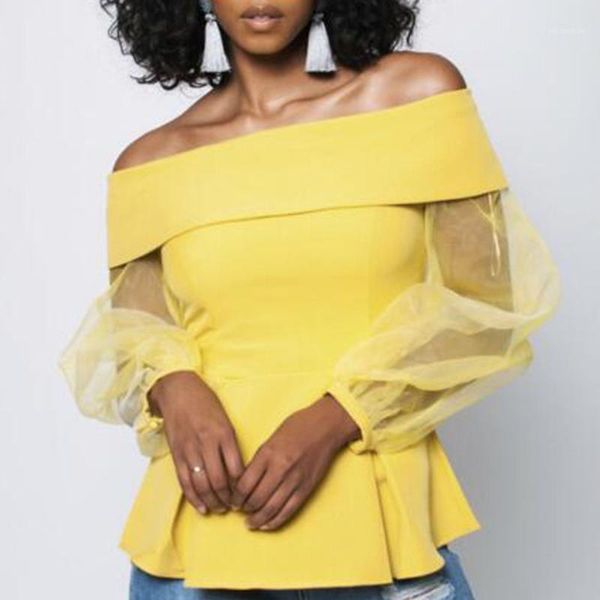 

slash neck yellow blouse 2020 autumn mesh lantern sleeve shirts elegant office lady work blouse shirts african1, White
