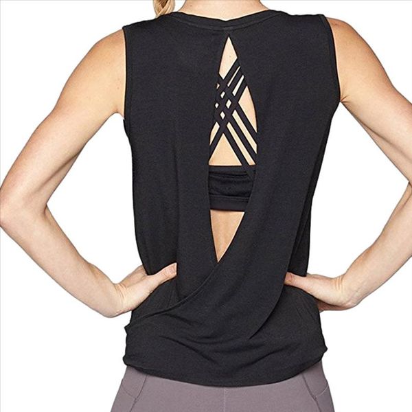 

women open backless tank quick dry loose sport workout muscle shirt vest tunic girl running gym shirt, White