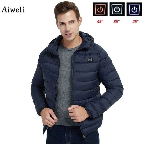 

men warm jackets usb heating parkas coat smart thermostat cap can be removed hooded heated cloth warm cotton clothes 201210, Black