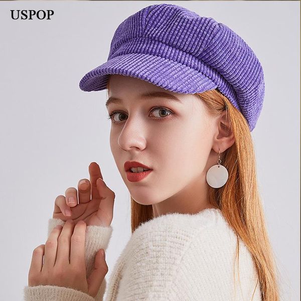 

sboy hats uspop 2021 corduroy octagonal women solid color berets soft retro caps visor cap female warm winter, Blue;gray