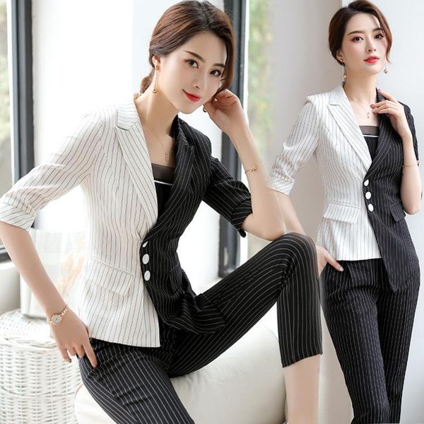 

fashion three quarter sleeve slim fit striped blazer pencil pants trousers suit female women set clothes offie lady pantsuit, White