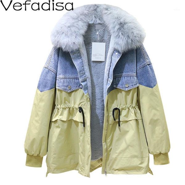 

vefadisa fur collar denim patchwork parka woman winter 2020 drawstring waist cotton-padded with back white yellow color qyf10551, Black