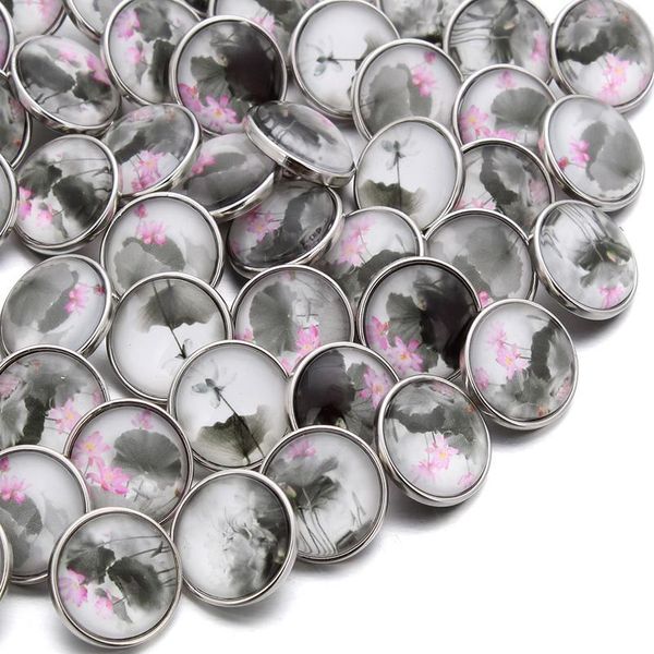 

10pcs/lot 18mm elegant lotus buttons glass charm snap button jewelry for 18mm snaps bracelet snap jewel bbyfvm