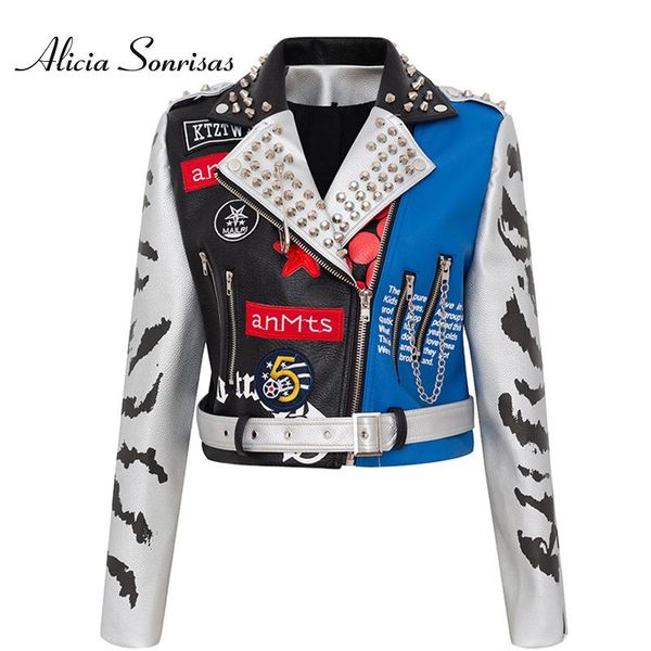 

women's leather & faux graffiti printing coat color contrast short slim-fitting biker pu chains s to 2xl 3xl, Black