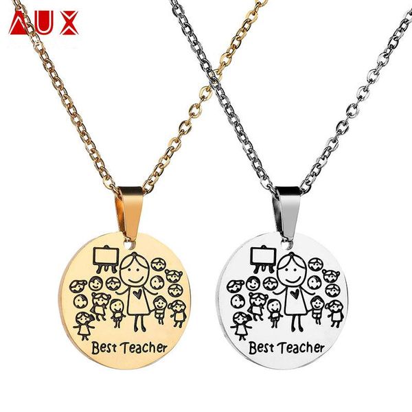 

auxauxme teacher students pendant necklace stainless steel cartoon kindergarten kids necklaces for women teacher's day gift, Silver