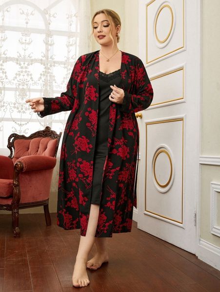 

plus 2pcs floral print lace trim belted robe set s38n#, Black;white