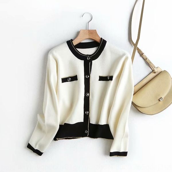 

m3279-korean women's clothing 2020 spring and autumn new graceful stand collar contrast color cardigan sweater sweater for women 03aax, White;black