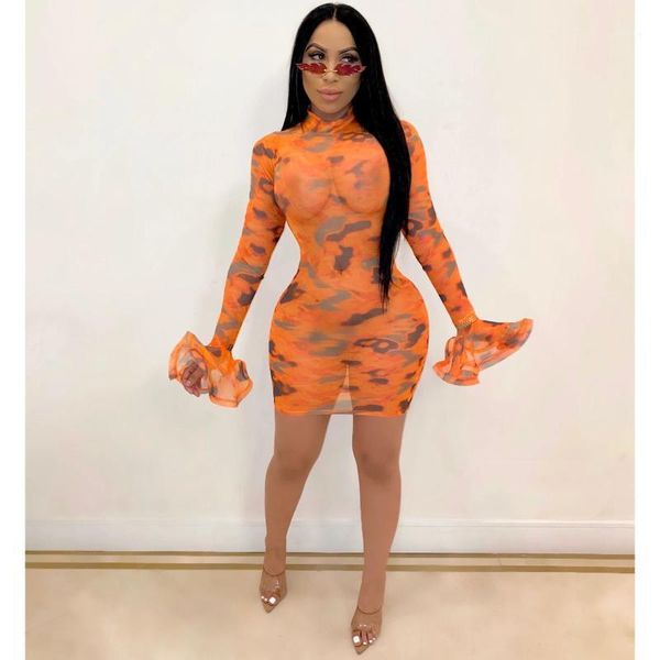 

tie dye sheer mesh dress women club dresses 2020 see through ruffle mini abito aderente a maniche lunghe1, Black;gray