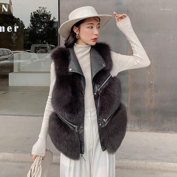 

real fur vest women 2020 new design genuine sheepskin leather gilets with zipper lady luxury waistcoat s79281, Black