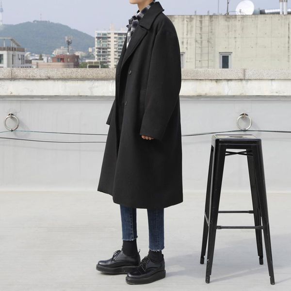 

winter men's black thick warm wool blends coat long overcoat double breasted casual b41
