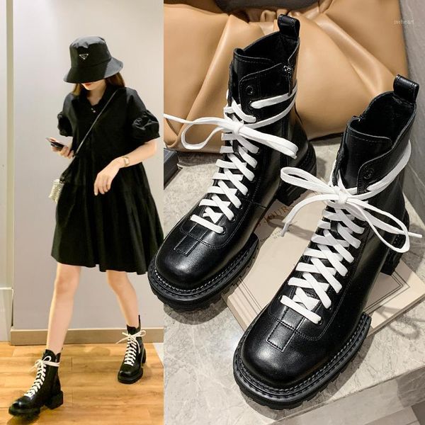 

boots college girls lace up british riding women ins shoes short zipper botines square toe chunky heels mujer 20211, Black