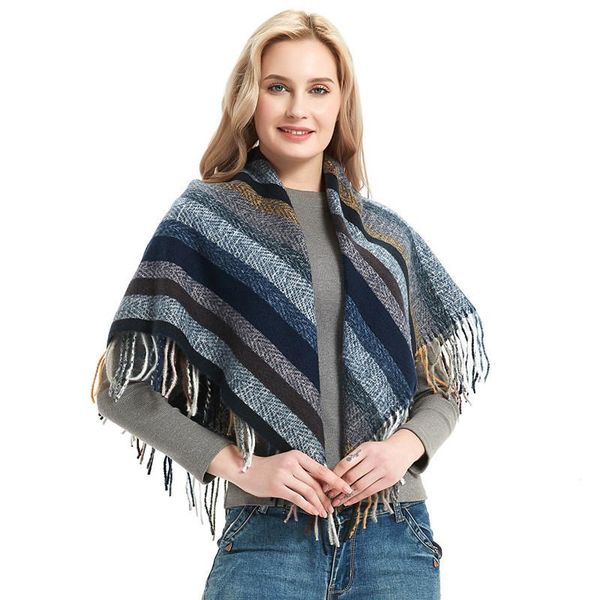 

warm scarf women plaid scarves with tassels square bandana winter for shawl and wraps, Blue;gray