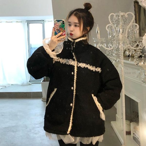 

черный с дополнительной подкладкой пухнетная куртка женская осень и зима свободного мотоцикла с длинными рукавами, Black;brown