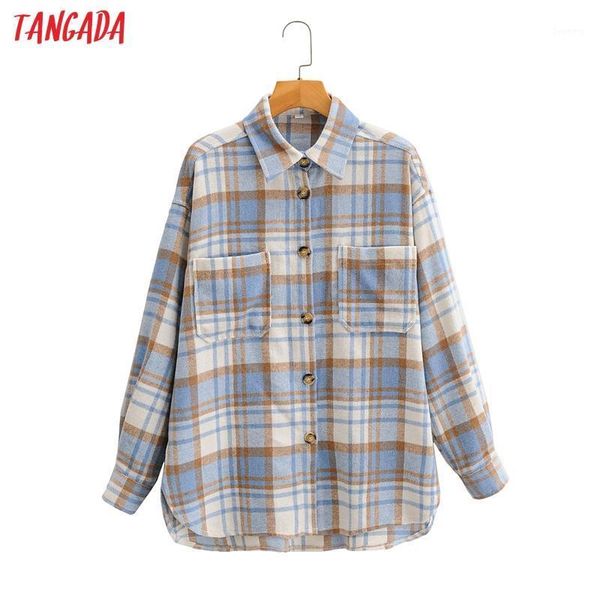 

tangada women blue gray plaid coats jacket loose long sleeves pocket 2020 ladies elegant autumn coat sy1601, Black;brown