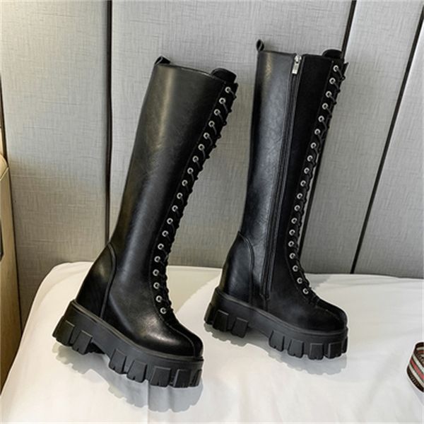 

new winter 2021 autumn chunky women's fashionable lace up to leather knee high woman height zip mujer boots 52dd, Black