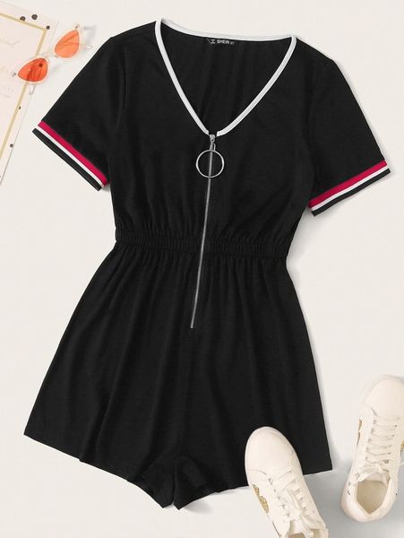 

plus striped print o-ring zipper front romper f9ov#, Black
