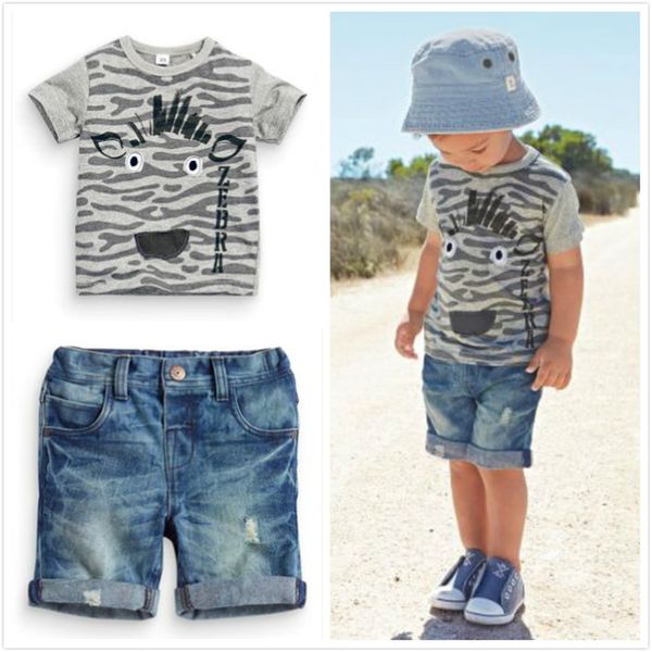 

2020 summer style boy clothes set kids clothes boys clothing short-sleeved t-shirt+denim shorts 2 pcs outfit set children suit t200707, White