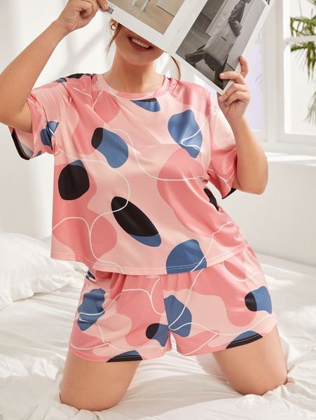 

plus graphic print tee & shorts pj set e1qq#, Black;white