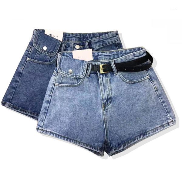 

new denim shorts for women 2020 summer shorts cotton vintage washed belt denim cotton loose high waist pants female1, Blue
